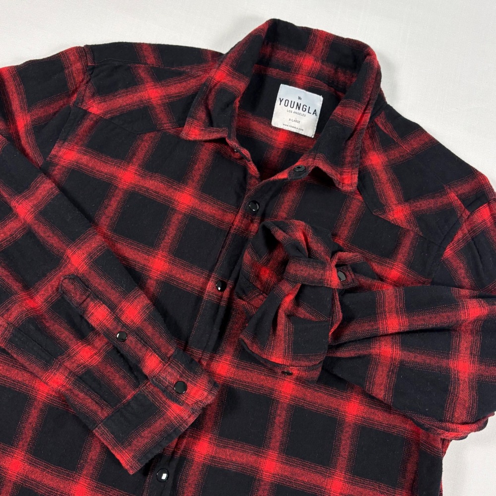 YoungLA XL Red Black Plaid Flannel Shirt Distressed Hem Cotton Snap Button USA